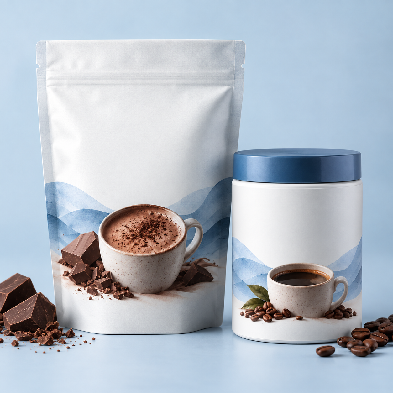 Unbranded packaging concept for hot chocolate with collagen and coffee with collagen