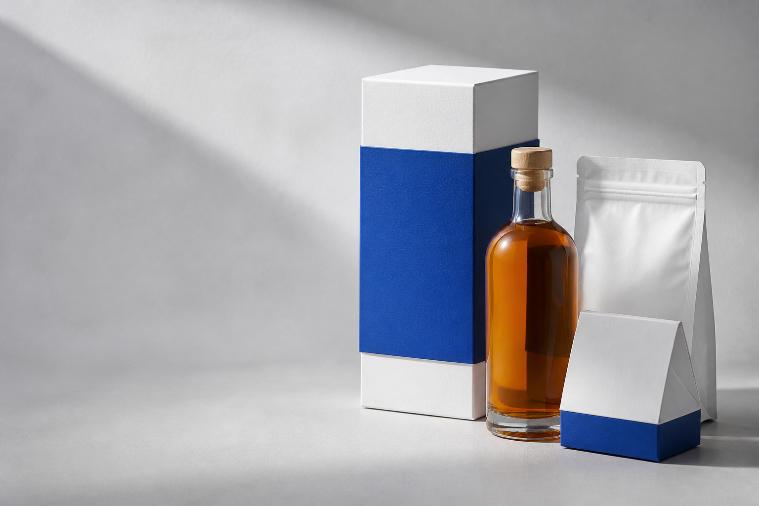 Proposed industrial packaging concept showing a product box, liquid bottle, powder pouch and food carton.