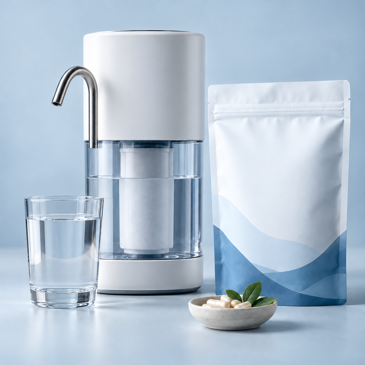 Unbranded product concepts for a water filter system and Motherkind supplements